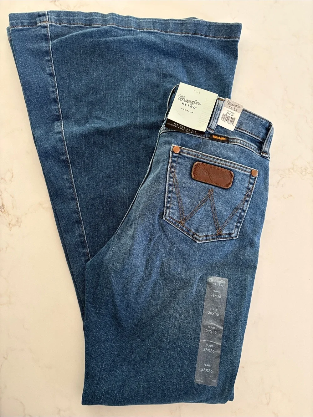 Wrangler Retro Premium Trumpet Flare Blue Denim Jeans with Gold Logo Stitching - Picture 6 of 6